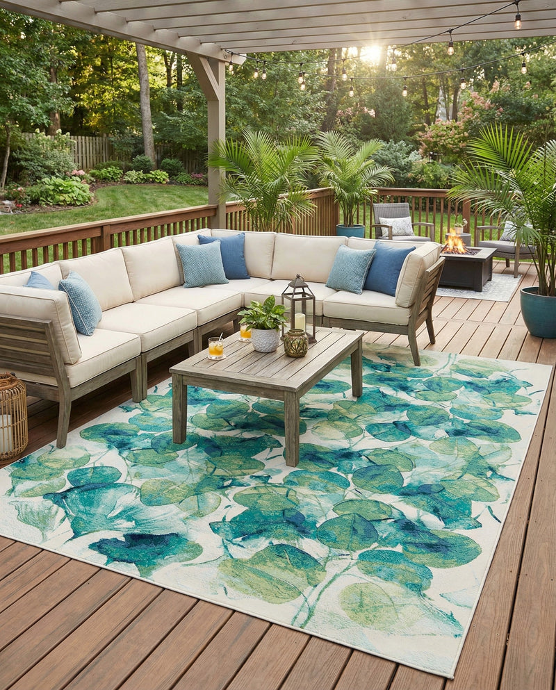 Seaside Blooms Collection Area Rug -  Flora Rectangle Blue Green  lifestyle 12