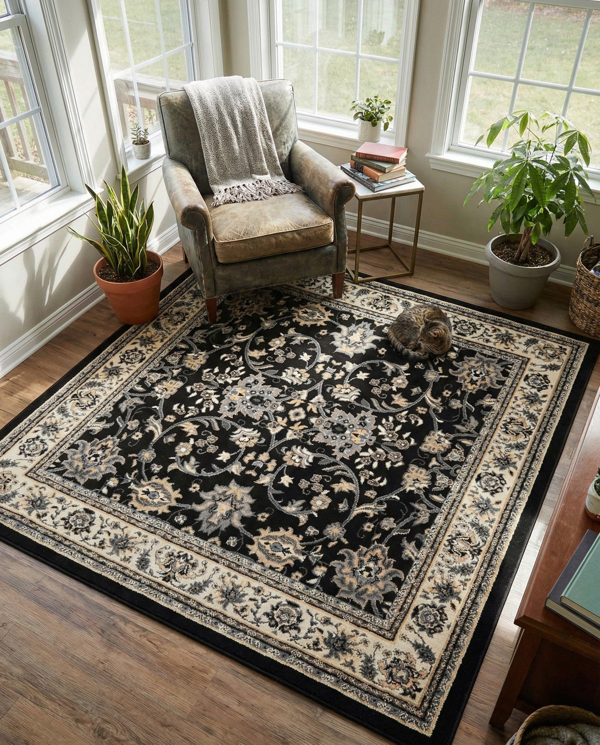 Isfahan Elegance Collection Area Rug - Naghsh-e Jahan (Black) Square Black  lifestyle 111
