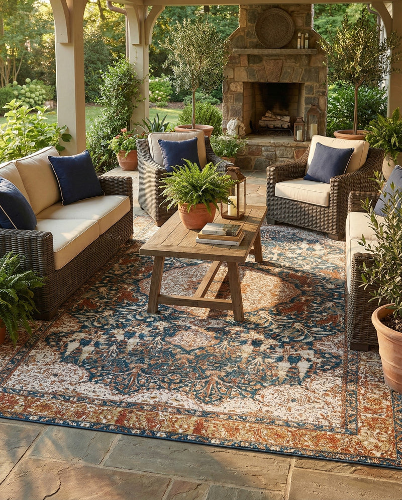 Patio Heritage Collection Area Rug -  Courtyard Rectangle Navy Blue and Light Pink  lifestyle 23