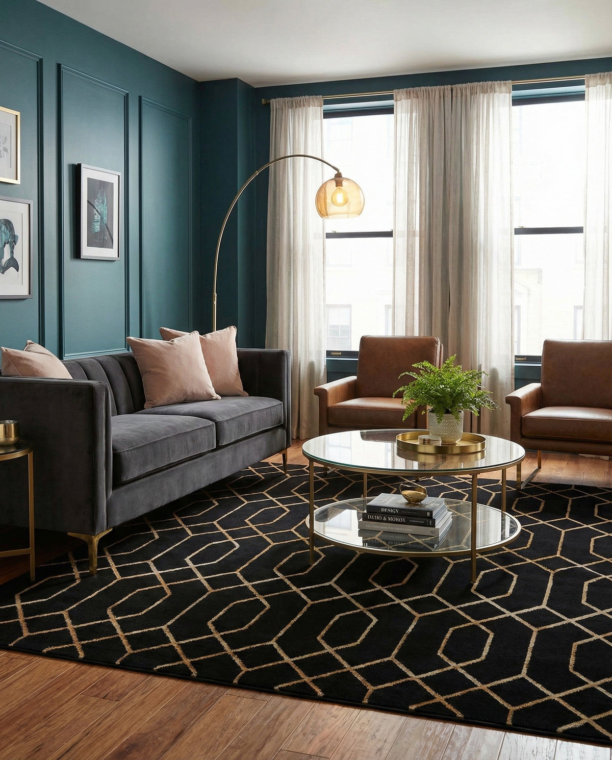 Hollywood Luxe Collection Area Rug - Sunset Square Black and Gold  lifestyle 213