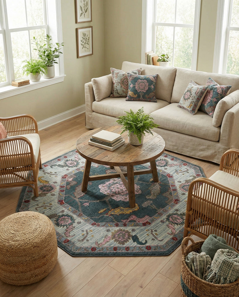 Arcadia Rugs Collection Area Rug - Eden (Gray and Blue) Octagon Gray and Blue  lifestyle 50