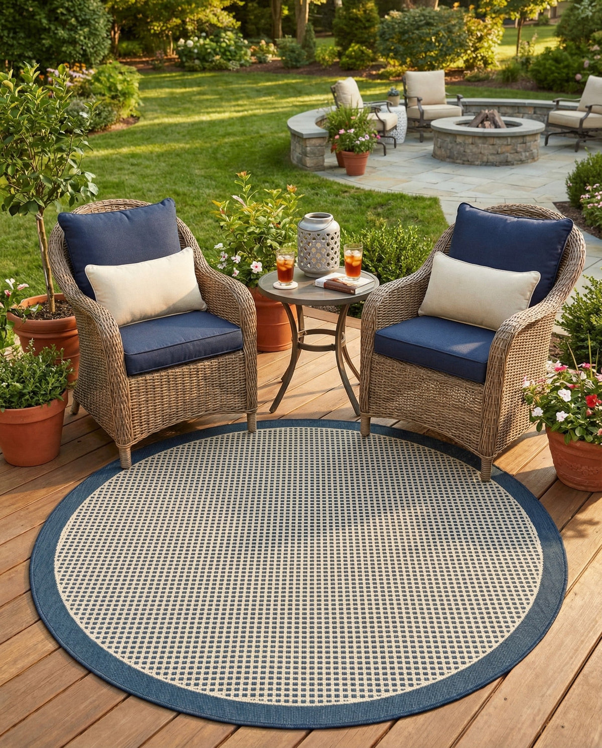 Terrace Fringe Collection Area Rug - Oceanside Round Navy Blue  lifestyle 59