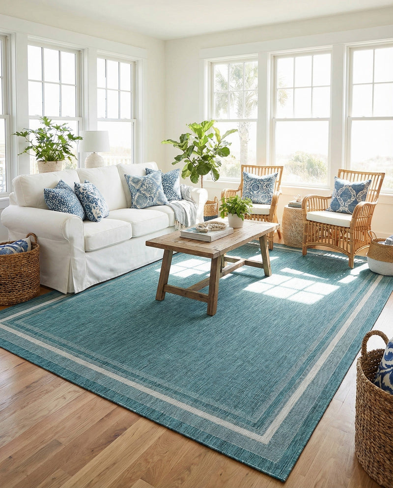 Terrace Fringe Collection Area Rug - Veranda (Teal) Rectangle Teal  lifestyle 11