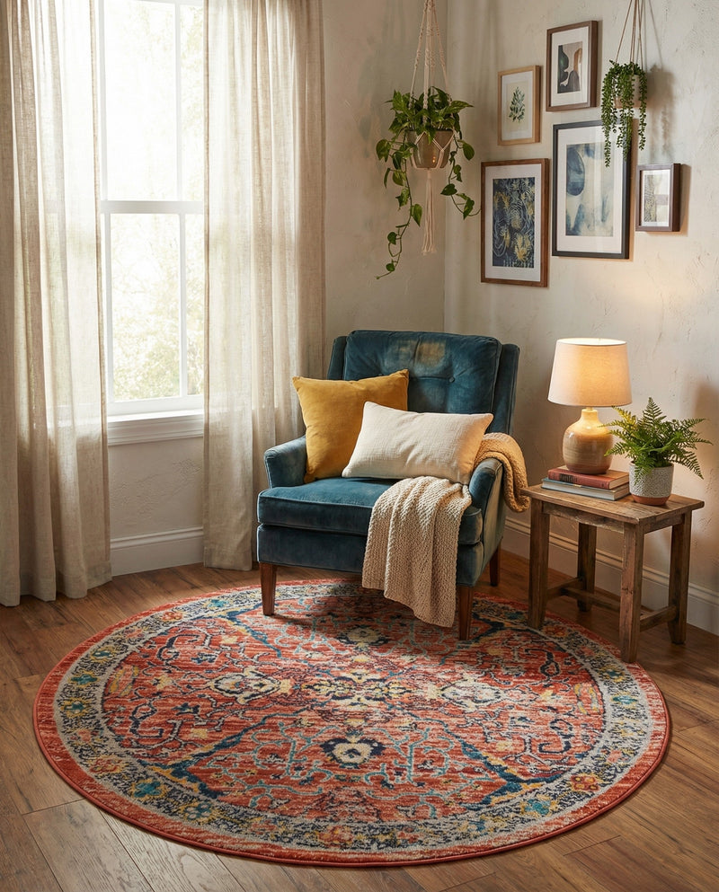 Seville Stripes Collection Area Rug -  Malaga (Brick Red) Round Brick Red  lifestyle 71