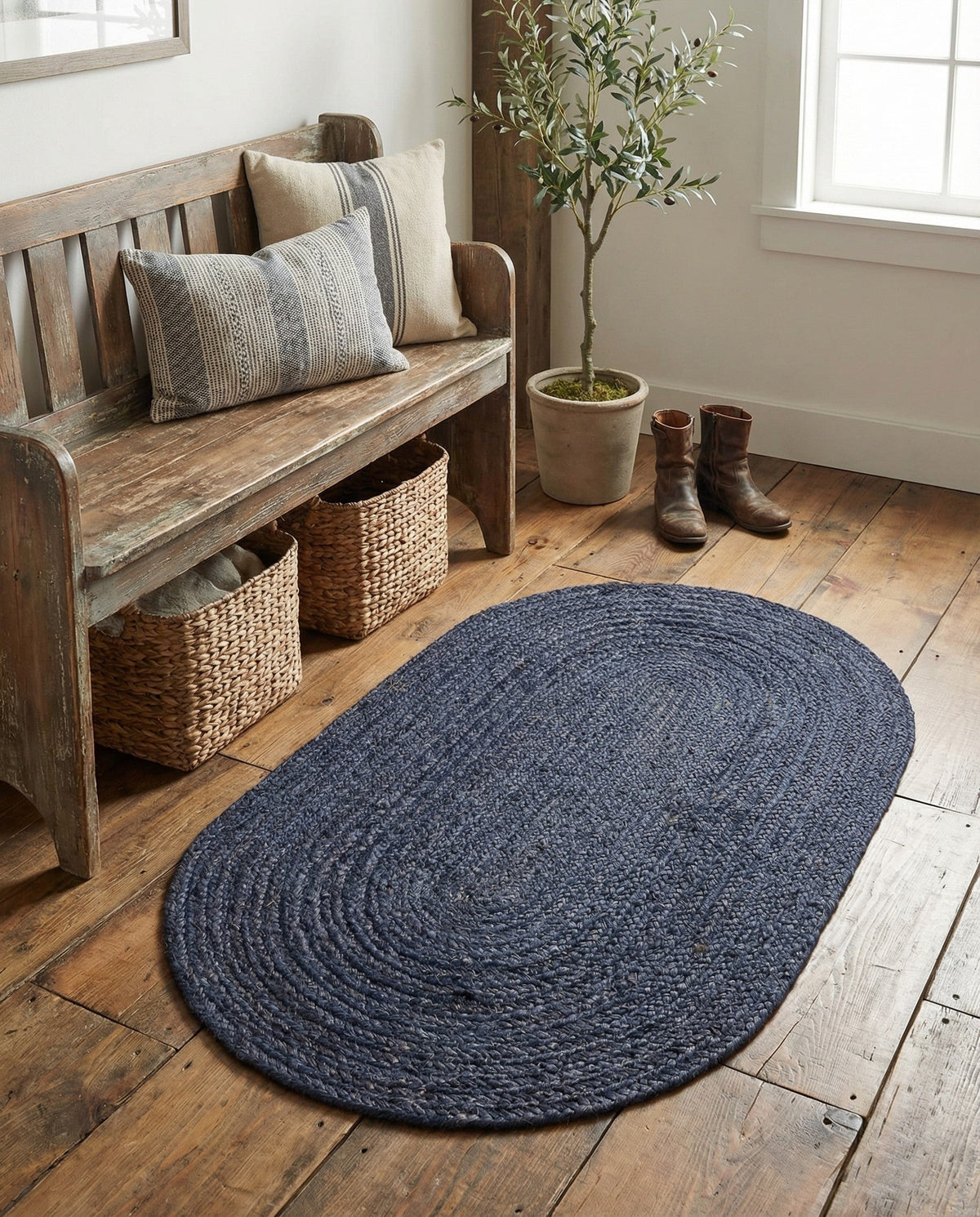 Woven Seaside Jute Collection Area Rug - Savannah (Navy Blue) Oval Navy Blue  lifestyle 88