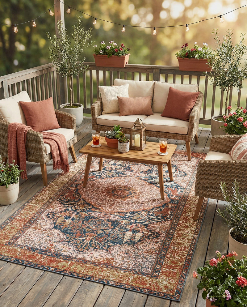 Patio Heritage Collection Area Rug -  Courtyard Rectangle Navy Blue and Light Pink  lifestyle 11