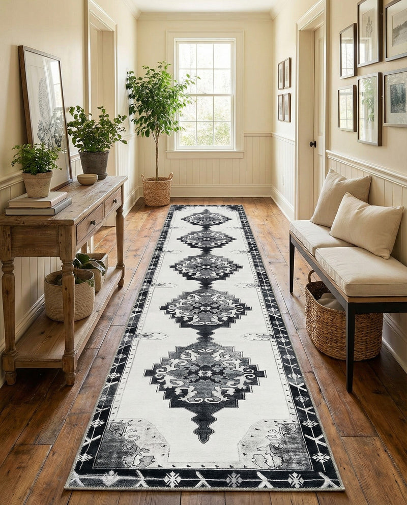 Heritage Elegance Collection Area Rug -  Winterthur (Black and White) Runner Black and White  lifestyle 46