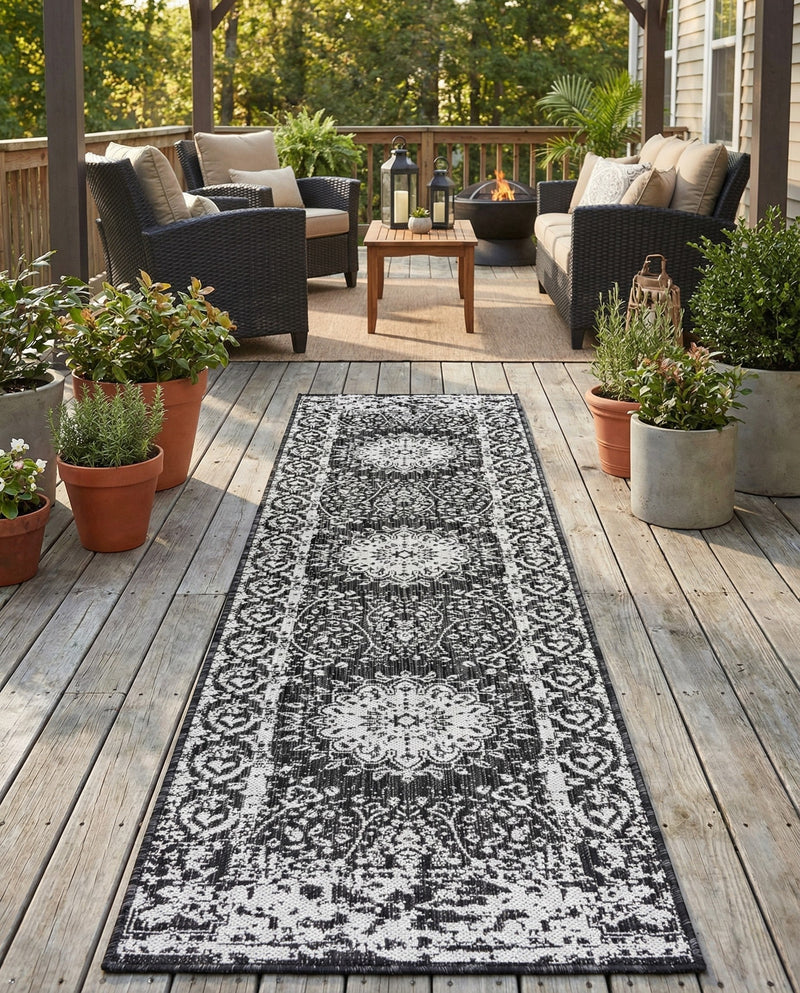 Patio Heritage Collection Area Rug -  Lafayette (Black and White) Runner Black and White  lifestyle 70