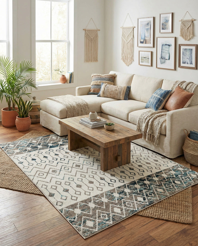 Mediterranean Lattice Collection Area Rug -  Casablanca (Ivory Gray Blue) Square Ivory Gray Blue  lifestyle 69