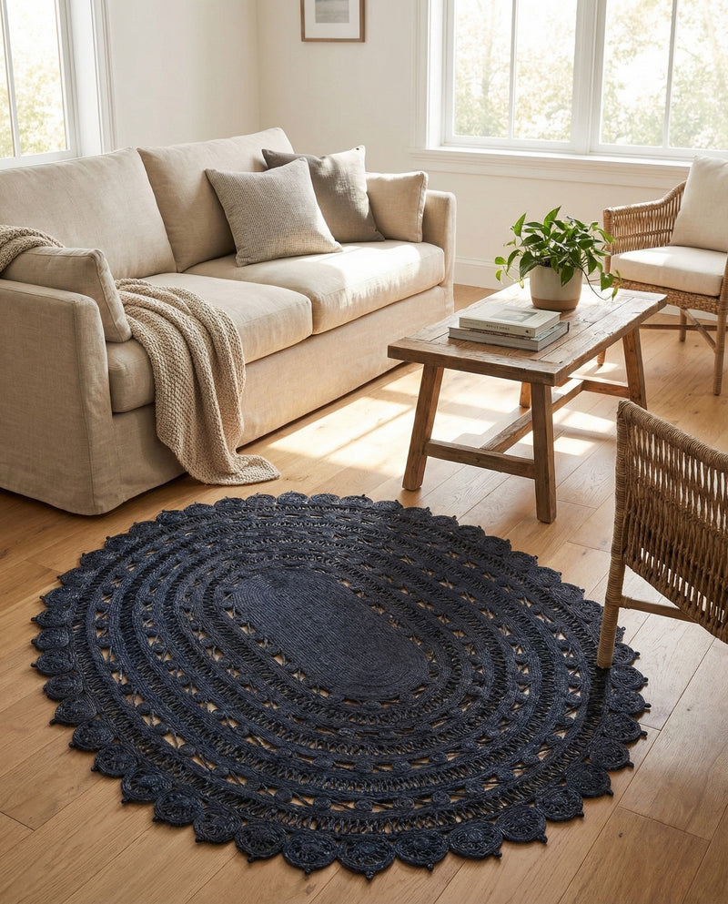 Woven Seaside Jute Collection Area Rug - Coastalhaven (Navy Blue) Oval Navy Blue  lifestyle 35
