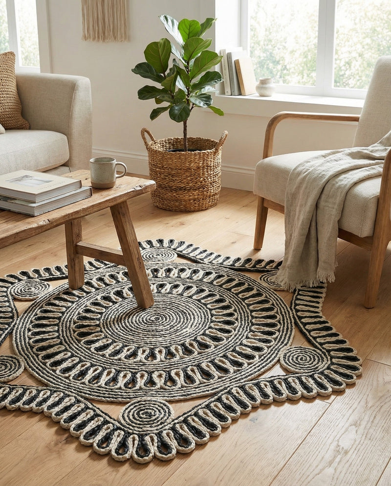 Woven Seaside Jute Collection Area Rug - Nantucket Round Black and White  lifestyle 19