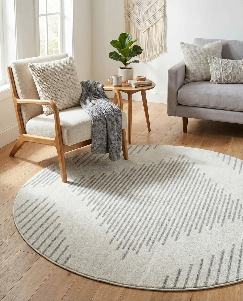 Seychelles Stripes Collection Area Rug - Mahe (Ivory and Gray) Round Ivory and Gray  lifestyle 18