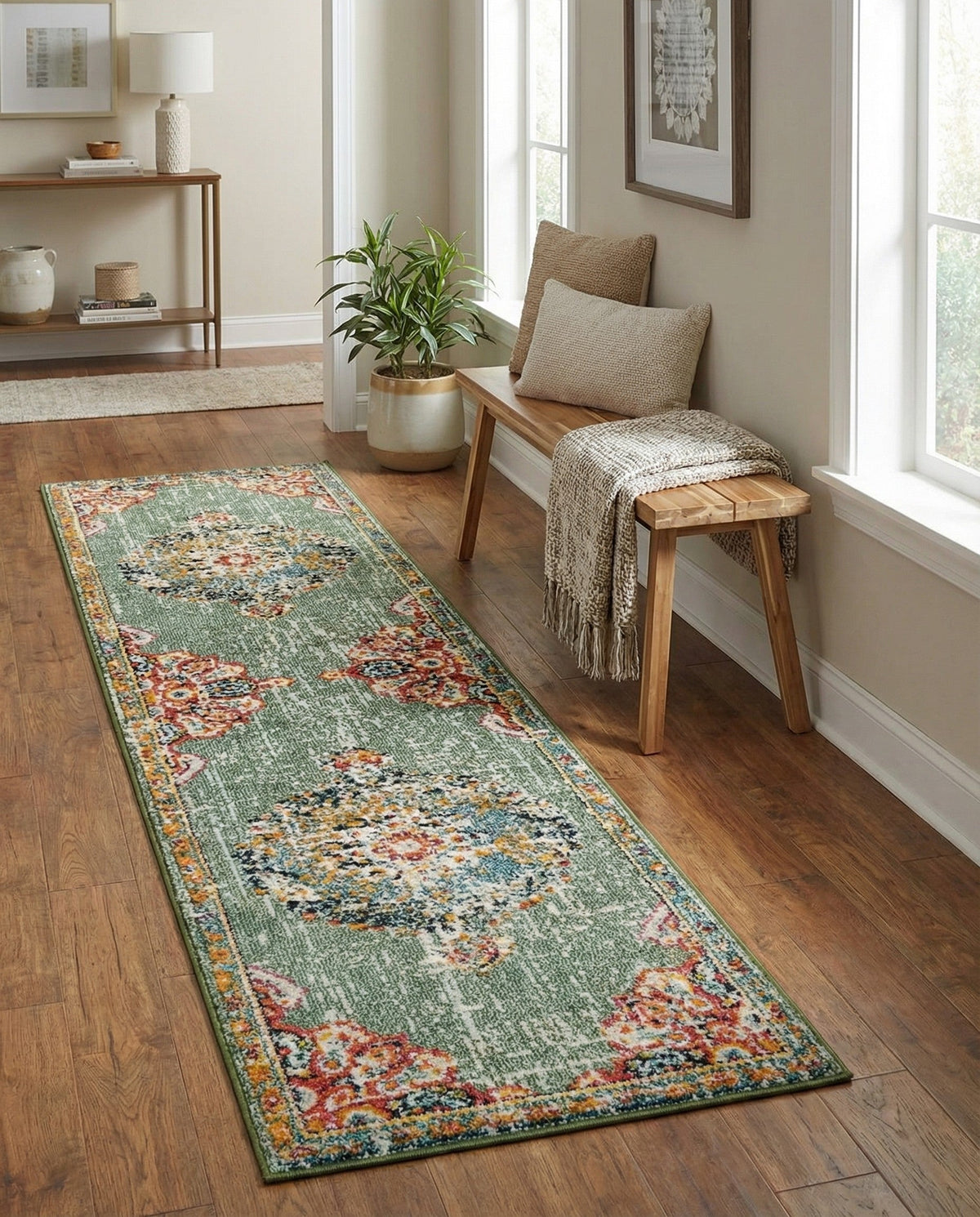 Brighton Terrace Collection Area Rug - Hove (Green) Runner Green  lifestyle 128