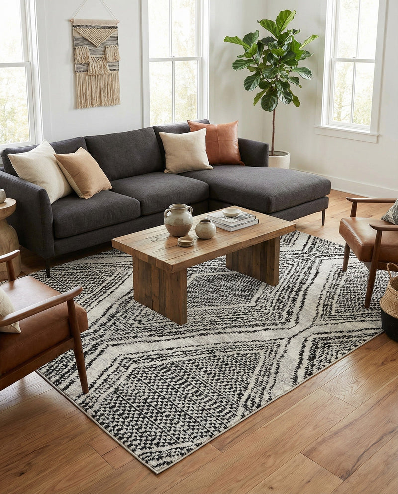 Marrakech Mosaic Collection Area Rug -  Medina Rectangle Black and White  lifestyle 10