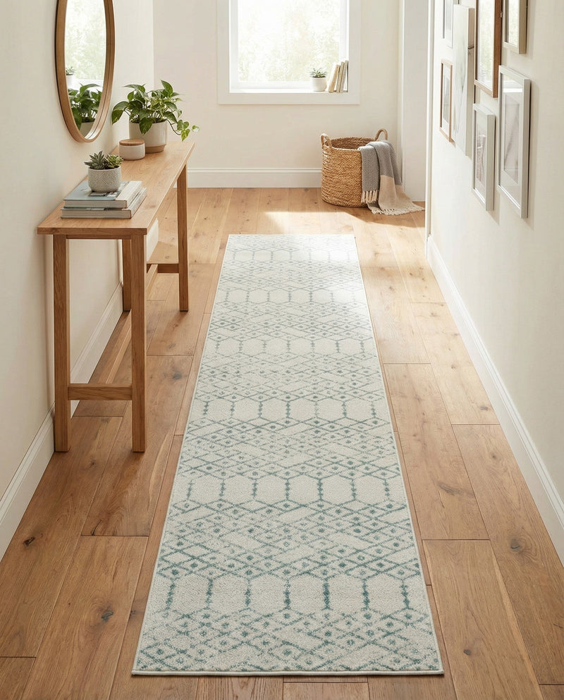 Marrakesh Lattice Collection Area Rug - Casablanca (Ivory Aqua) Runner Ivory Aqua  lifestyle 44