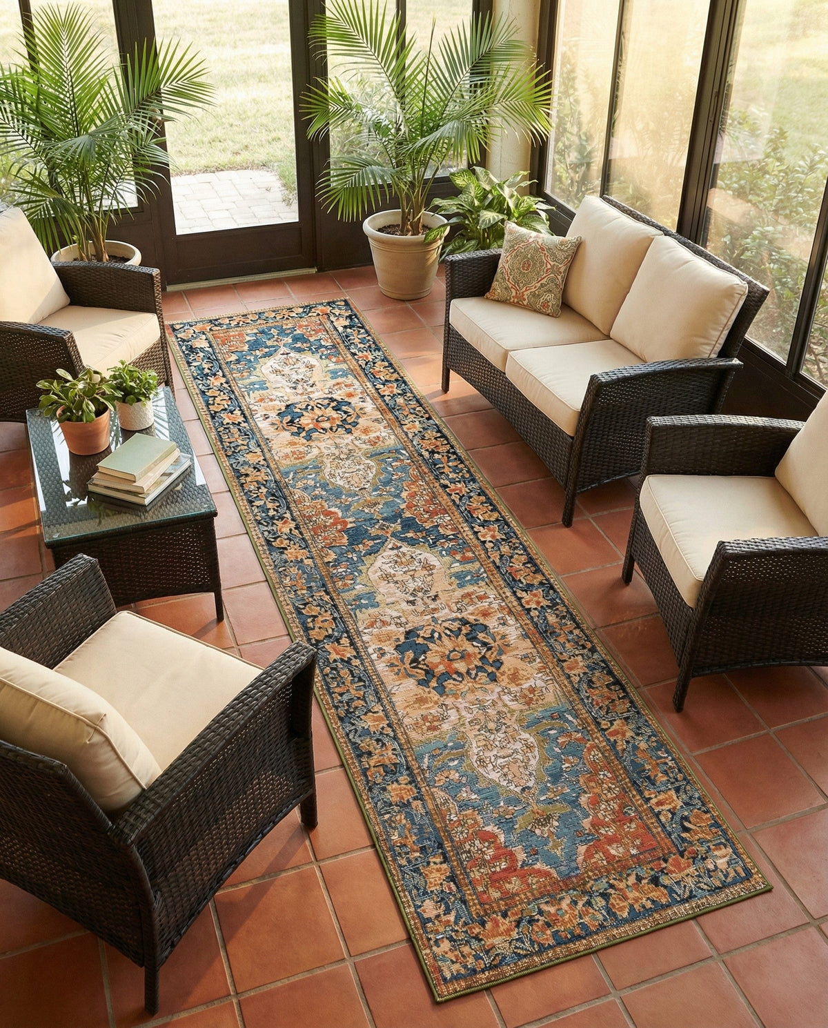 Patio Heritage Collection Area Rug -  Grove Runner Navy Blue and Rust Red  lifestyle 89