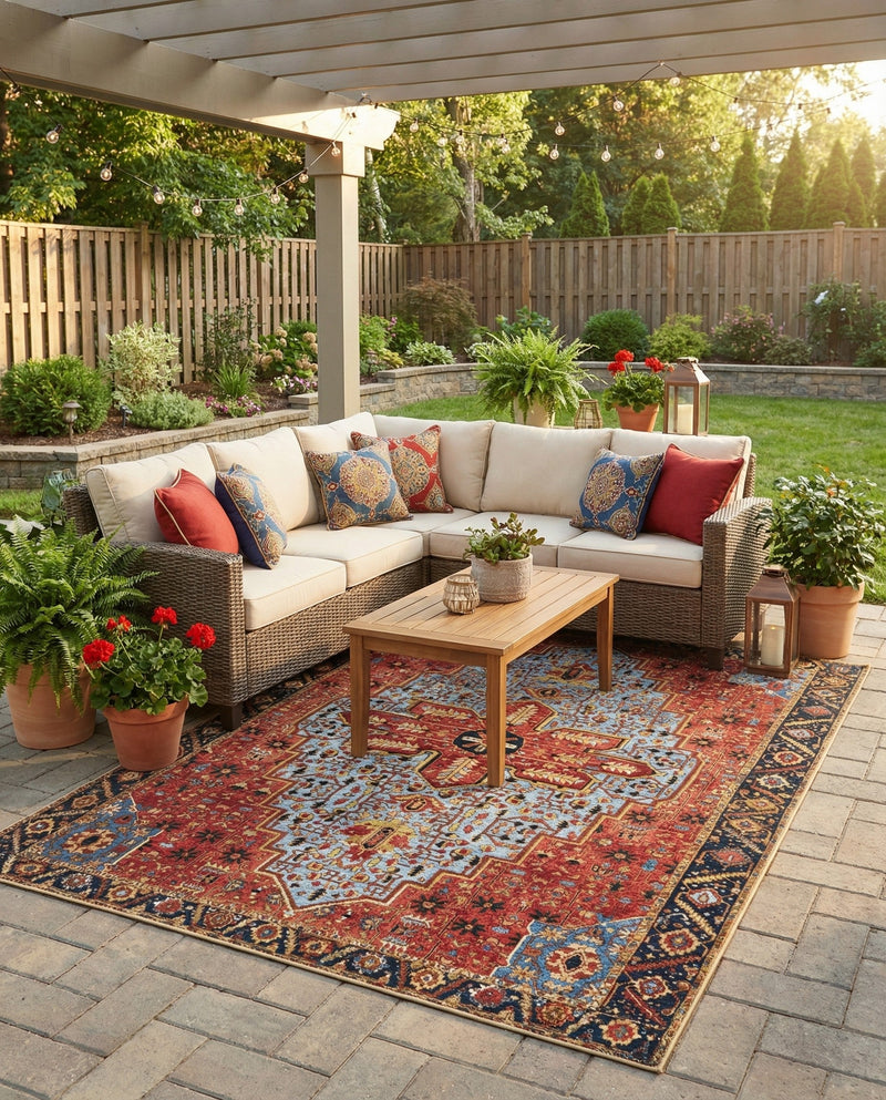 Patio Heritage Collection Area Rug -  Garden Rectangle Rust Red and Blue  lifestyle 38