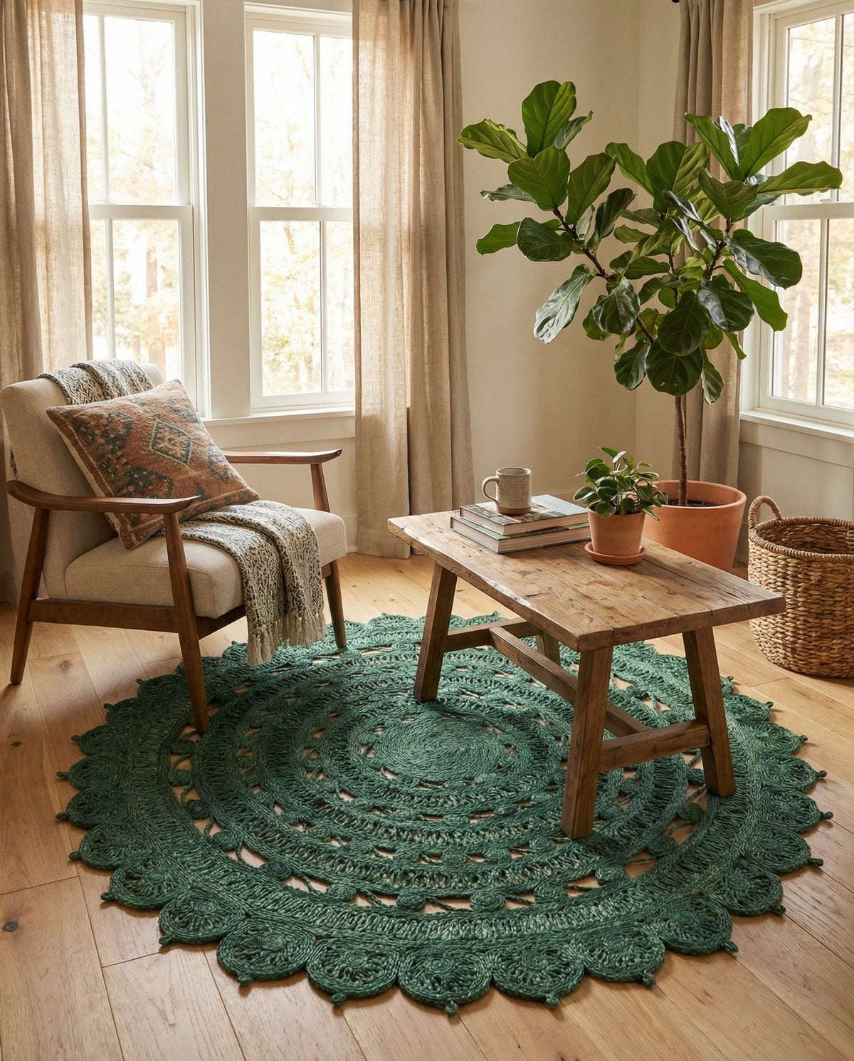 Woven Seaside Jute Collection Area Rug - Coastalhaven (Hunter Green) Round Hunter Green  lifestyle 31