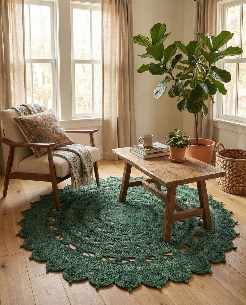 Woven Seaside Jute Collection Area Rug - Coastalhaven (Hunter Green) Round Hunter Green  lifestyle 31