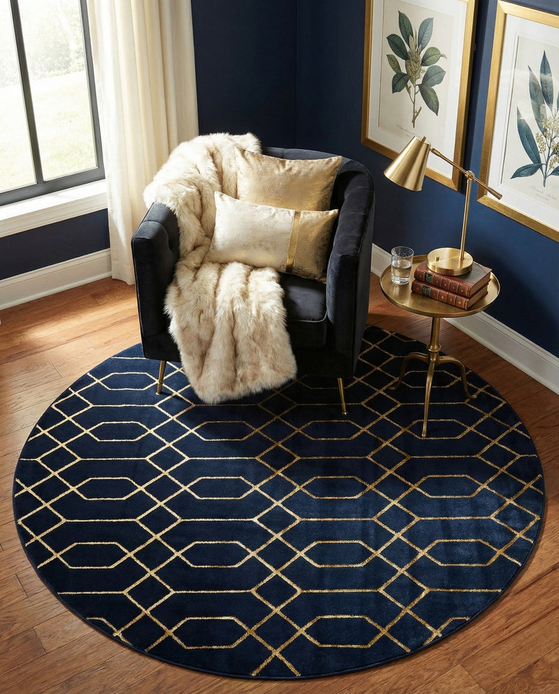 Hollywood Luxe Collection Area Rug - Sunset (Navy Blue Gold) Round Navy Blue Gold  lifestyle 48