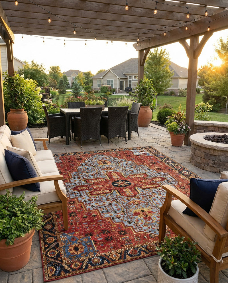 Patio Heritage Collection Area Rug -  Garden Rectangle Rust Red and Blue  lifestyle 36