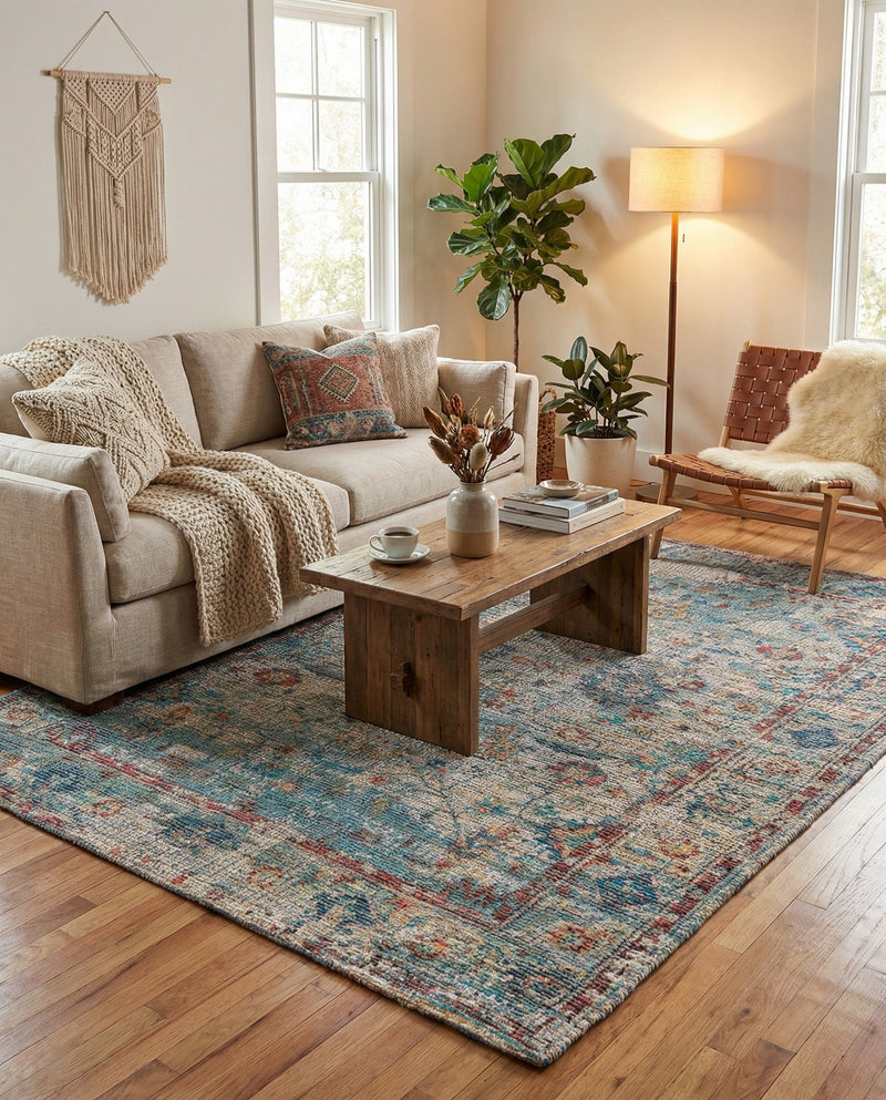 Savannah Threads Collection Area Rug - Tybee Rectangle Teal blue  lifestyle 19