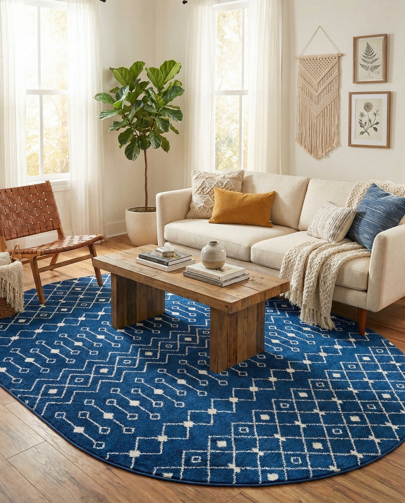 Mediterranean Lattice Collection Area Rug - Santorini (Navy Blue) Oval Navy Blue  lifestyle 58