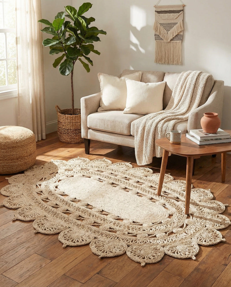 Woven Seaside Jute Collection Area Rug - Coastalhaven (Ivory) Oval Ivory  lifestyle 11