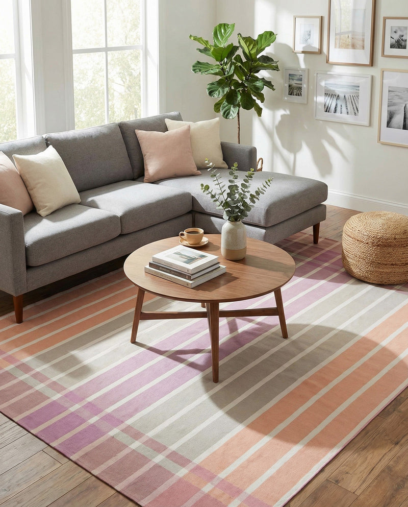 Seaside Stripes Collection Area Rug -  Coral Rectangle Pink and Lavender  lifestyle 65