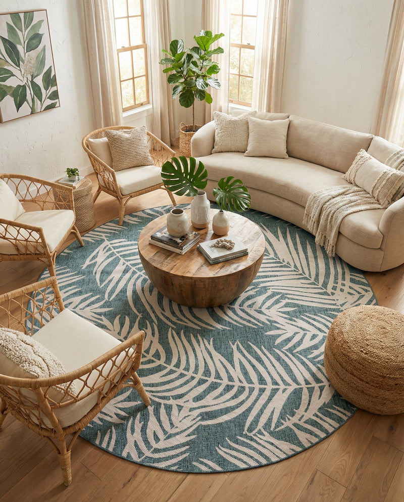 Seaside Blooms Collection Area Rug - Verdure (Teal) Round Teal  lifestyle 33