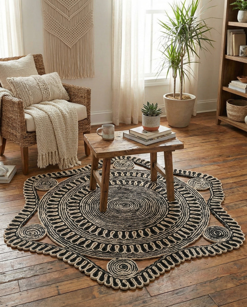 Woven Seaside Jute Collection Area Rug - Nantucket Round Black and White  lifestyle 49