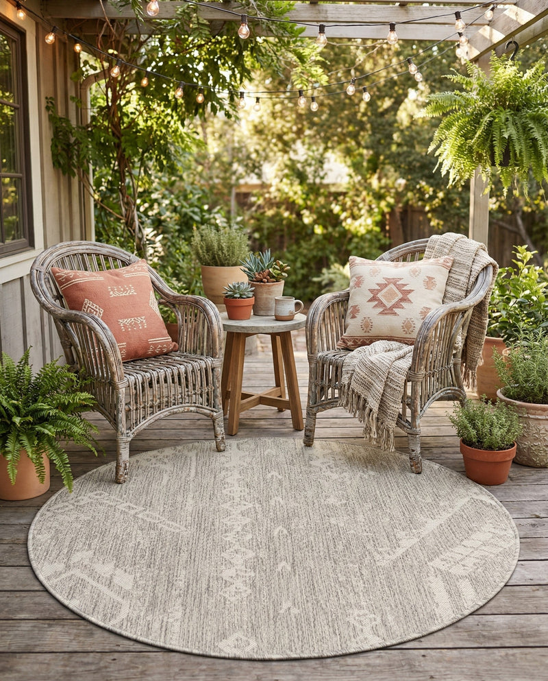 Desert Nomad Terrace Collection Area Rug - Sahara (Gray) Round Gray  lifestyle 64