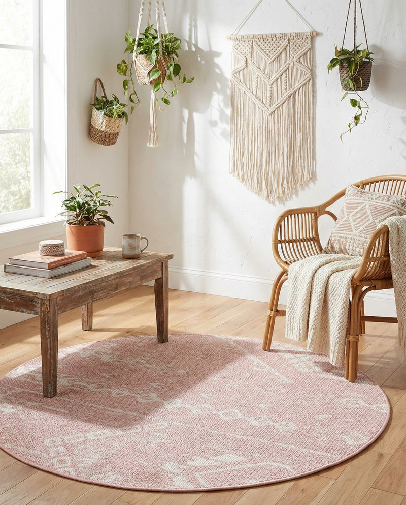 Desert Nomad Terrace Collection Area Rug - Sahara (Pink) Round Pink  lifestyle 40