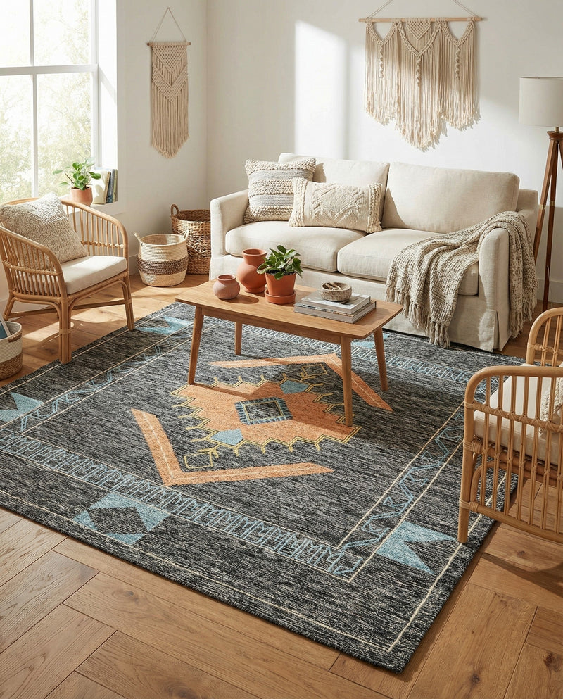 Caspian Wool Collection Area Rug - Ephesus Square Charcoal Gray  lifestyle 51