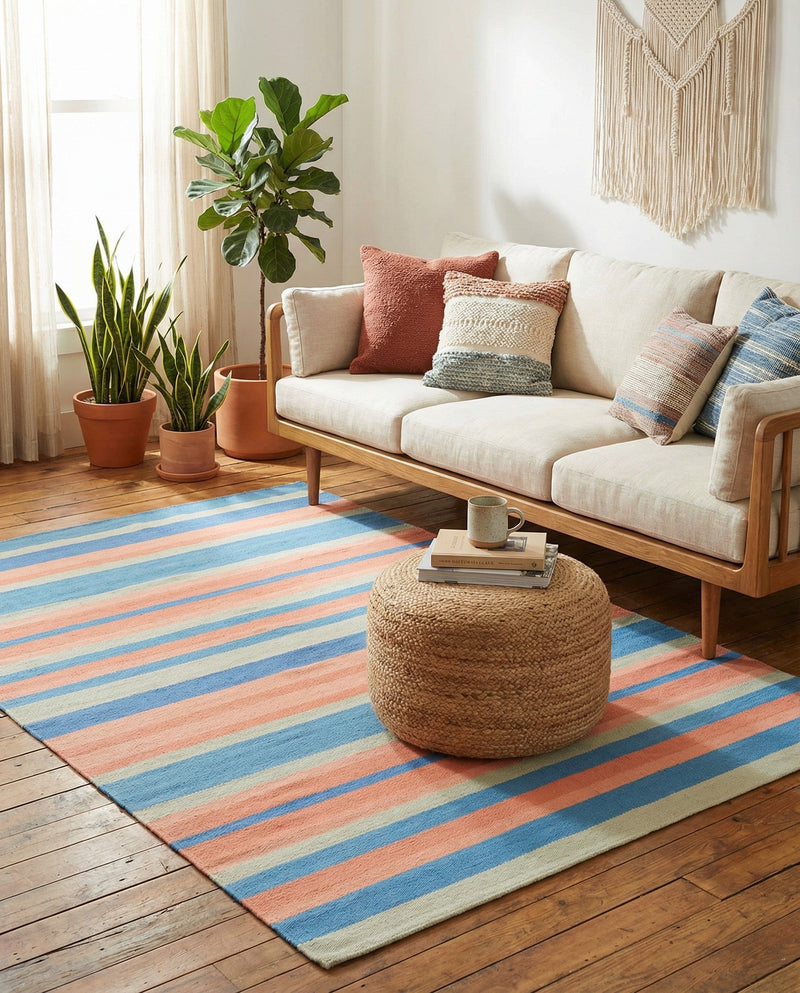 Coastal Stripe Dhurrie Collection Area Rug - Seashore Rectangle Multi  lifestyle 25