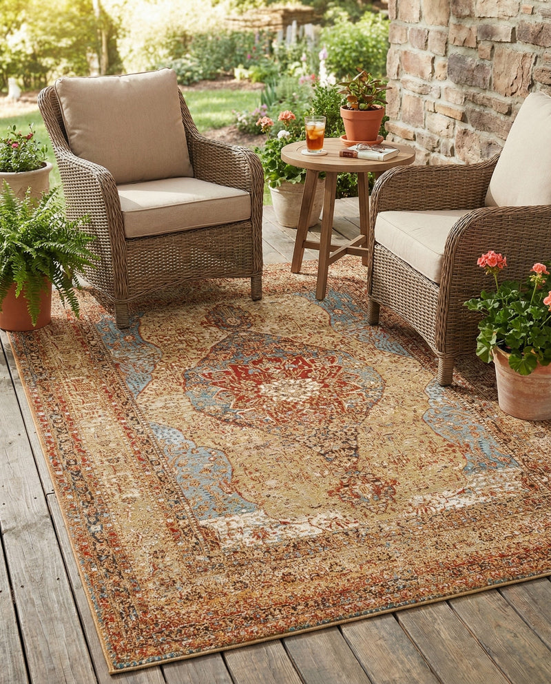 Patio Heritage Collection Area Rug -  Pergola Rectangle Blue and Light Brown  lifestyle 18