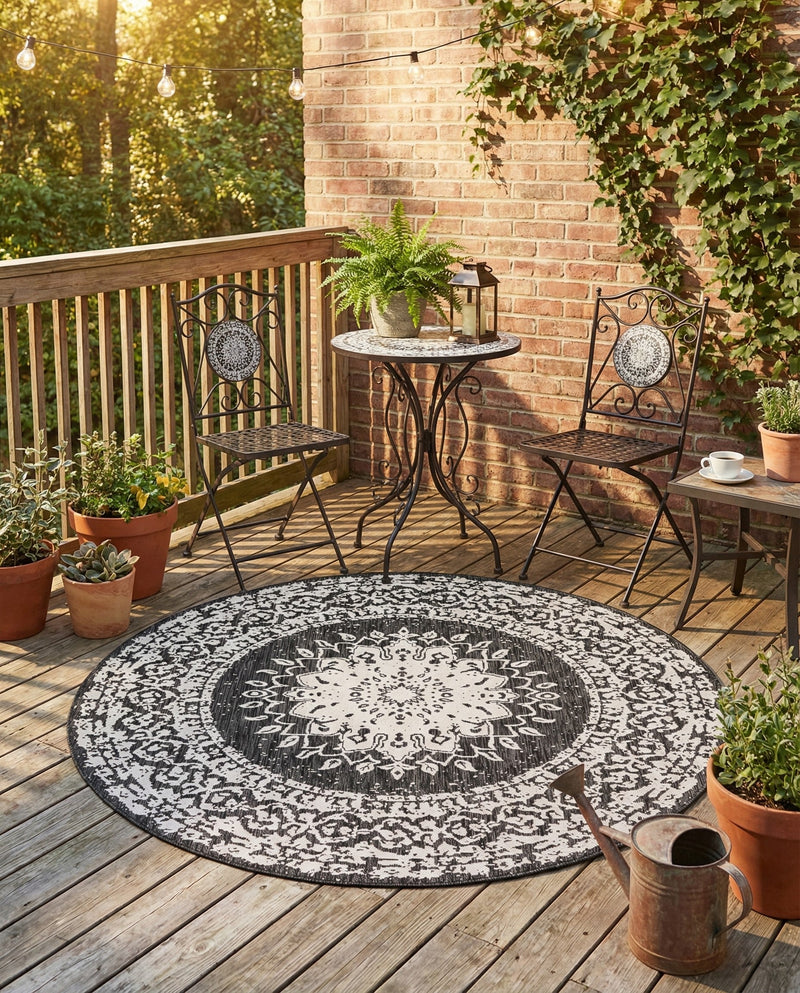 Patio Heritage Collection Area Rug -  Lafayette (Black and White) Round Black and White  lifestyle 23
