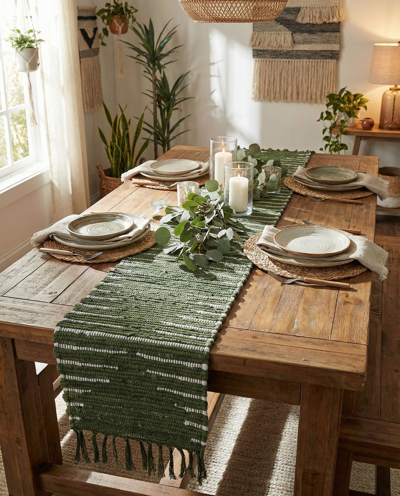 Thar Cotton Collection Area Rug - Jaisalmer (Green) Table Runner Green  lifestyle 55