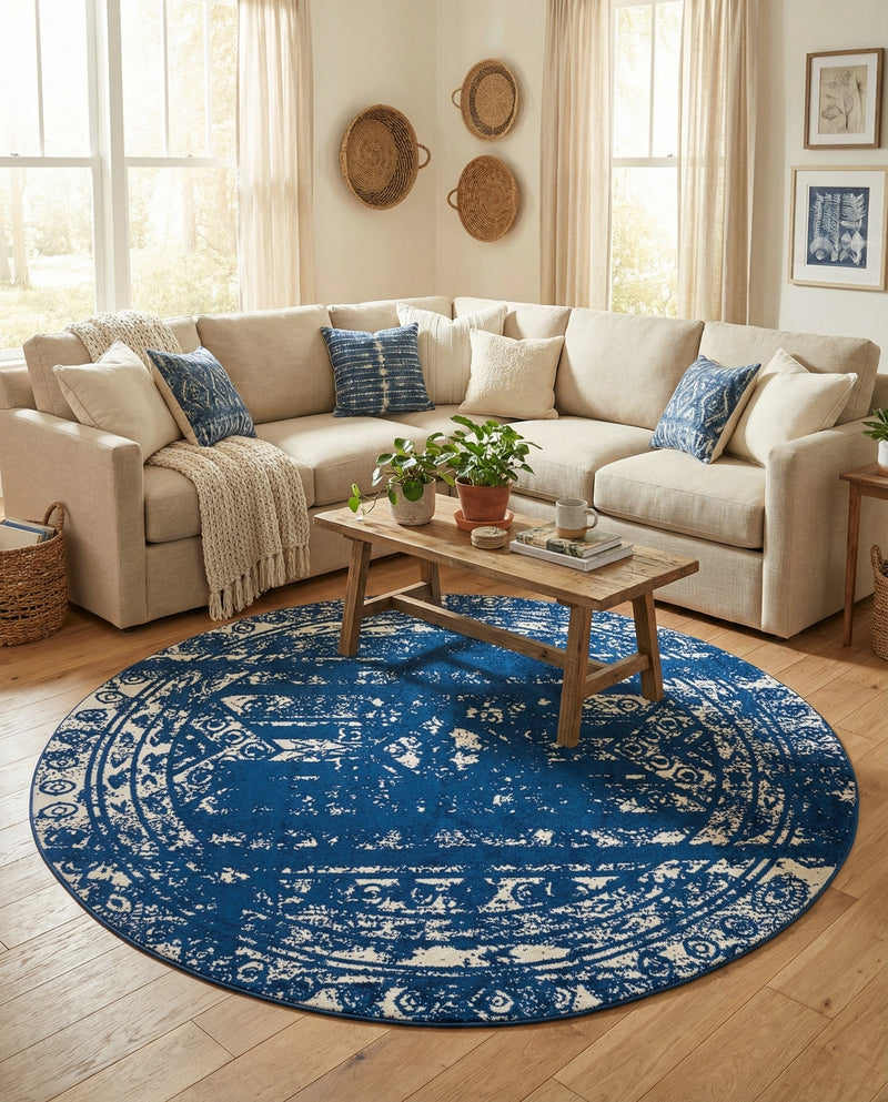 Brighton Stripes Collection Area Rug - Sussex (Navy Blue) Round Navy Blue  lifestyle 31