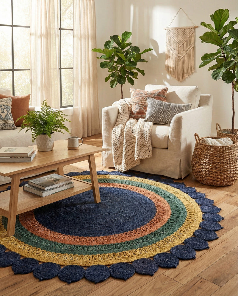 Woven Seaside Jute Collection Area Rug - Coastalhaven (Navy Blue Yellow Green) Round Navy Blue Yellow Green  lifestyle 10