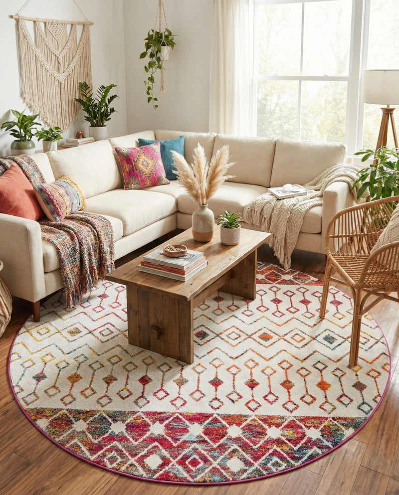 Mediterranean Lattice Collection Area Rug -  Casablanca (Ivory Multi) Round Ivory Multi  lifestyle 36