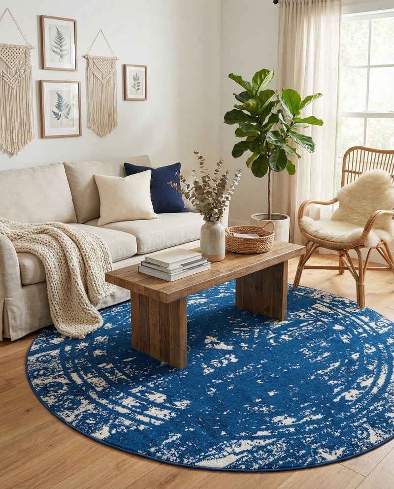 Brighton Stripes Collection Area Rug - Sussex (Navy Blue) Round Navy Blue  lifestyle 36