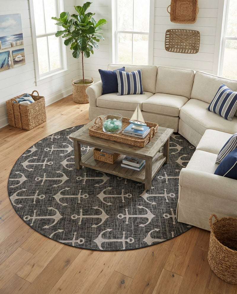 Seaside Haven Rugs Collection Area Rug - Sapphire (Charcoal) Round Charcoal  lifestyle 24