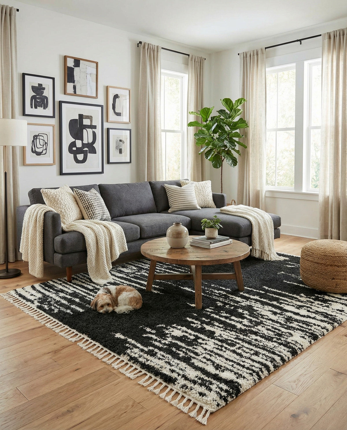 Tranquil Tides Shag Collection Area Rug - Marina Square Black and White  lifestyle 109