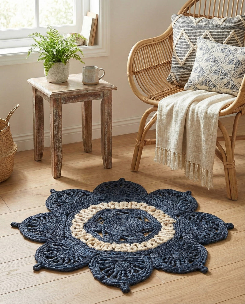 Woven Seaside Jute Collection Area Rug - Coastalhaven (Navy Blue and White) Round Navy Blue and White  lifestyle 25