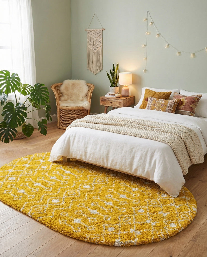 Berber Lattice Shag Collection Area Rug - Atlas (Yellow) Oval Yellow  lifestyle 25