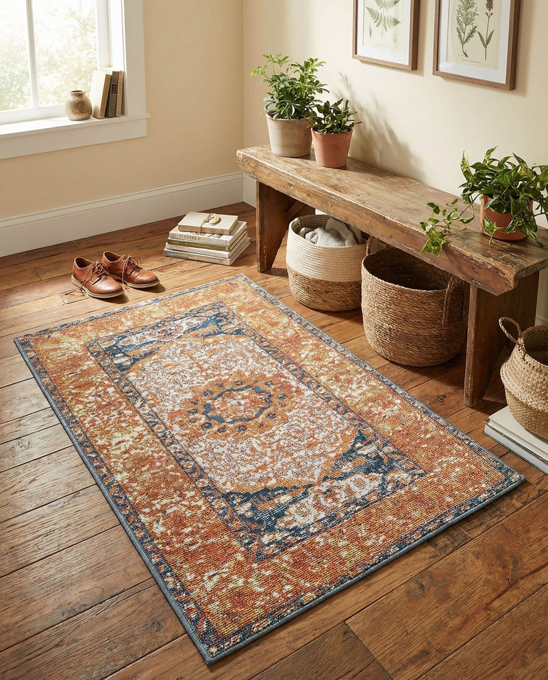 Patio Heritage Collection Area Rug -  Courtyard Rectangle Navy Blue and Light Pink  lifestyle 6