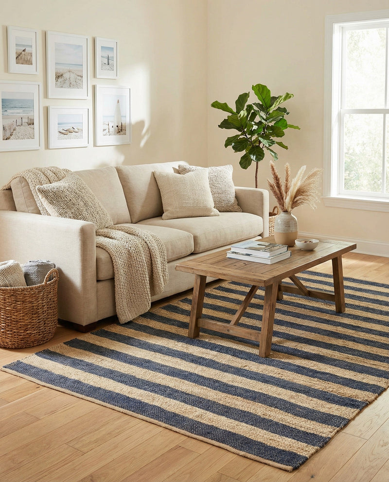 Woven Seaside Jute Collection Area Rug - Nantucket Rectangle Navy Ivory  lifestyle 34