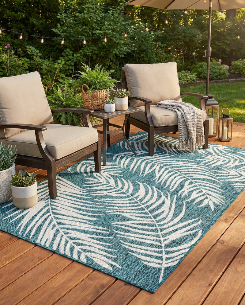 Seaside Blooms Collection Area Rug - Verdure (Teal) Rectangle Teal  lifestyle 28