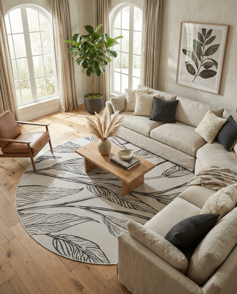 Seaside Blooms Collection Area Rug -  Evergreen (Charcoal Ivory) Round Charcoal Ivory  lifestyle 38